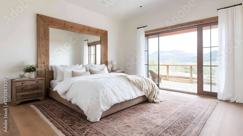 Vintage Farmhouse Bedroom Featuring a Large Antique Mirror – A Charming and Elegant Scene of Rustic Décor and Timeless Style