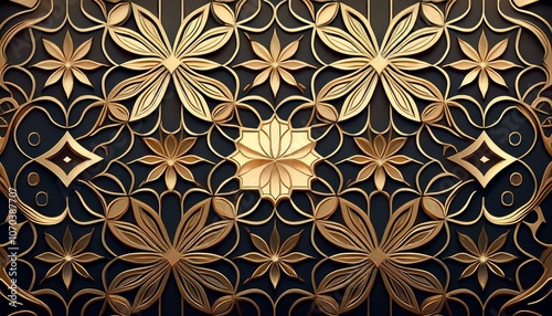 Modern Dark and Gold Arabian Ornament Wallpaper with Linear Beige Islamic Motif and Repeating Geometric Patterns