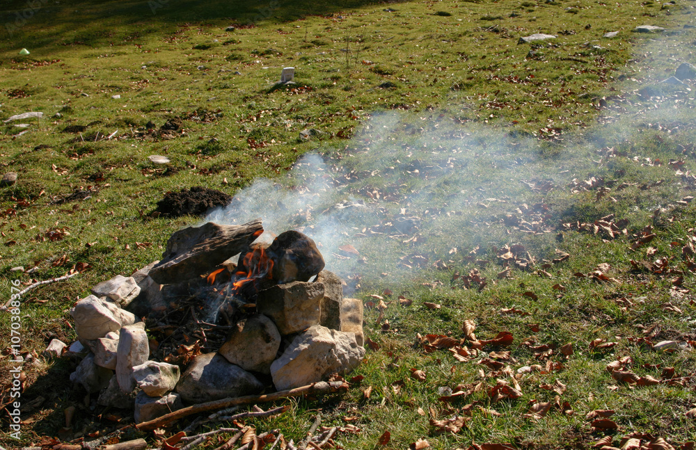 Obraz premium Campfire burning with flames and smoke in a field during autumn