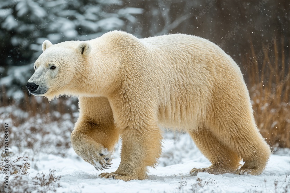 Large polar bear walking in snowy landscape during light snowfall Large polar bear walking in snowy landscape during light snowfall