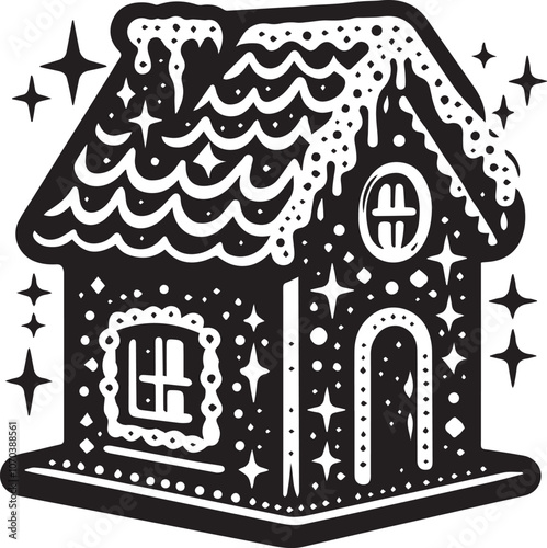 Charming Black and White Gingerbread House for the Holidays. This charming black and white illustration features a classic gingerbread house decorated with snowflakes and icing.