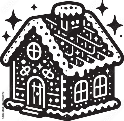 Charming Black and White Gingerbread House for the Holidays. This charming black and white illustration features a classic gingerbread house decorated with snowflakes and icing.