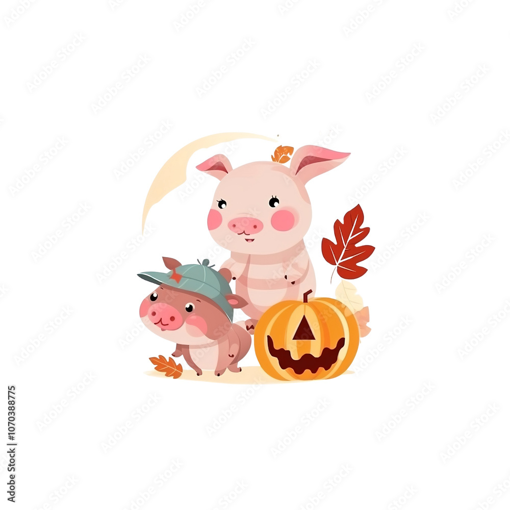 Cute Cartoon Pigs with Jack-O-Lantern for Autumn or Halloween Cute Cartoon Pigs with Jack-O-Lantern for Autumn or Halloween