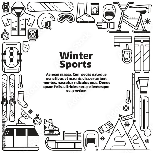 Winter Sport Border Frame Card in Line Art