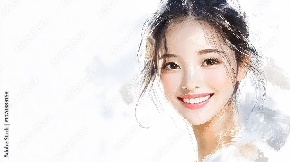 Vibrant Digital Portrait of Smiling Woman with Playful Expression in Abstract Background_6 Vibrant Digital Portrait of Smiling Woman with Playful Expression in Abstract Background_6