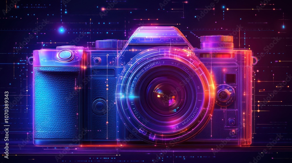 A futuristic digital camera with glowing neon lights on a dark background. A futuristic digital camera with glowing neon lights on a dark background.