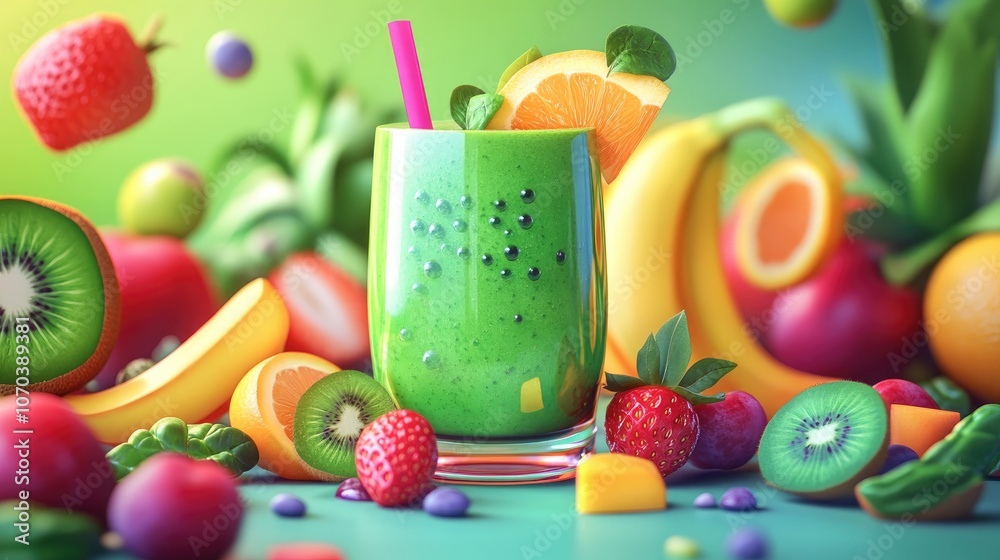 Preparation of a vibrant detox smoothie made with fresh spinach and assorted fruits ideal for healthy living Preparation of a vibrant detox smoothie made with fresh spinach and assorted fruits ideal for healthy living