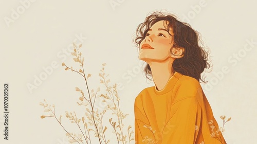 A young woman with curly brown hair wearing a yellow sweater, looks up at the sky with a smile. There are some small white flowers in the background.