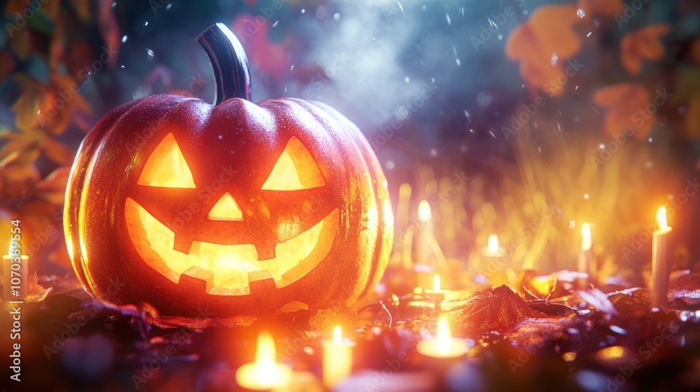 Halloween pumpkin jack o lantern with flickering candles on a bright white background festive decoration Halloween pumpkin jack o lantern with flickering candles on a bright white background festive decoration