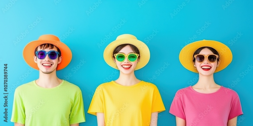 A vibrant trio of individuals wearing colorful clothing and sunglasses against a bright blue background. A vibrant trio of individuals wearing colorful clothing and sunglasses against a bright blue background.