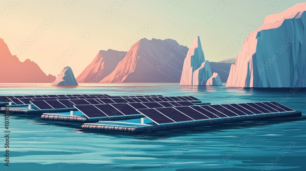 Naklejka premium A field of solar panels float on a calm body of water surrounded by snow-capped mountains in a stunning sunset.