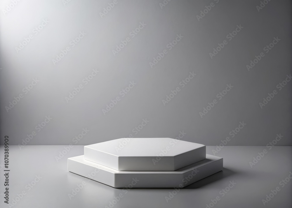 Modern 3D Hexagonal Platform Mockup for Product Display in Minimalist Gray Background, Ideal for Creative Marketing and Museum Showcase Applications Modern 3D Hexagonal Platform Mockup for Product Display in Minimalist Gray Background, Ideal for Creative Marketing and Museum Showcase Applications