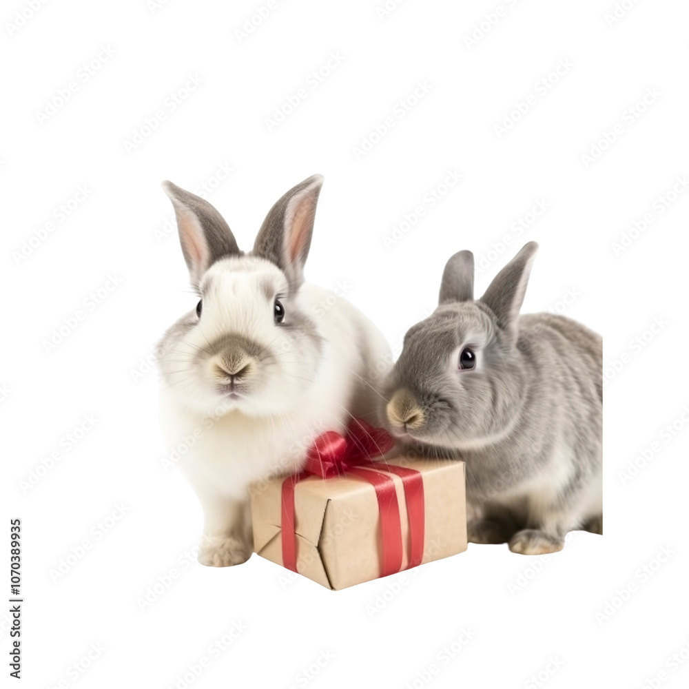 Obraz premium Two Adorable Rabbits with a Gift Box