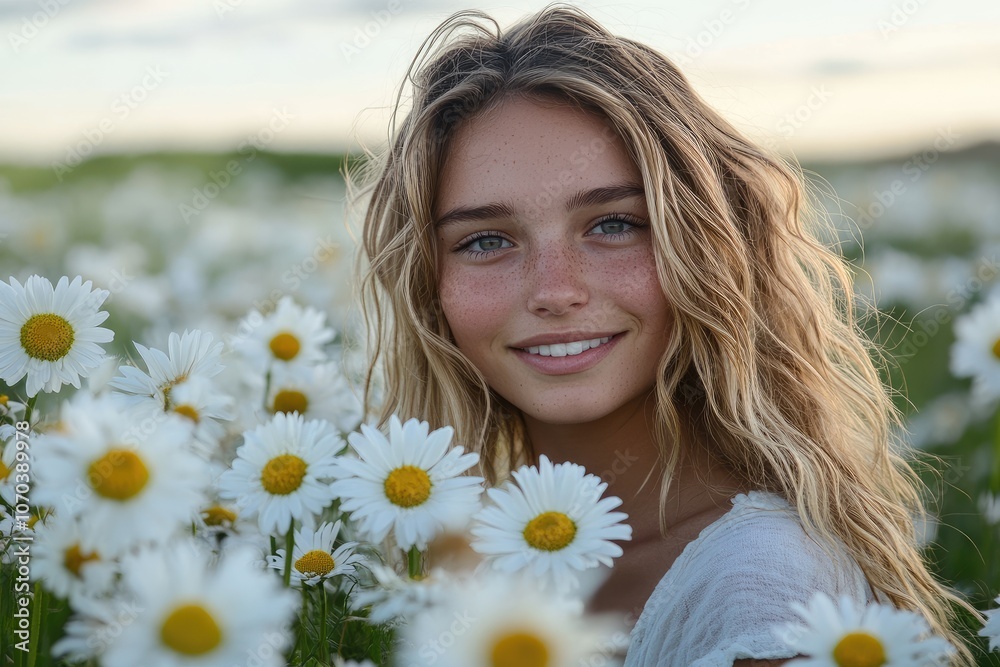 Beautiful blonde woman smiling in a field of daisies Beautiful blonde woman smiling in a field of daisies