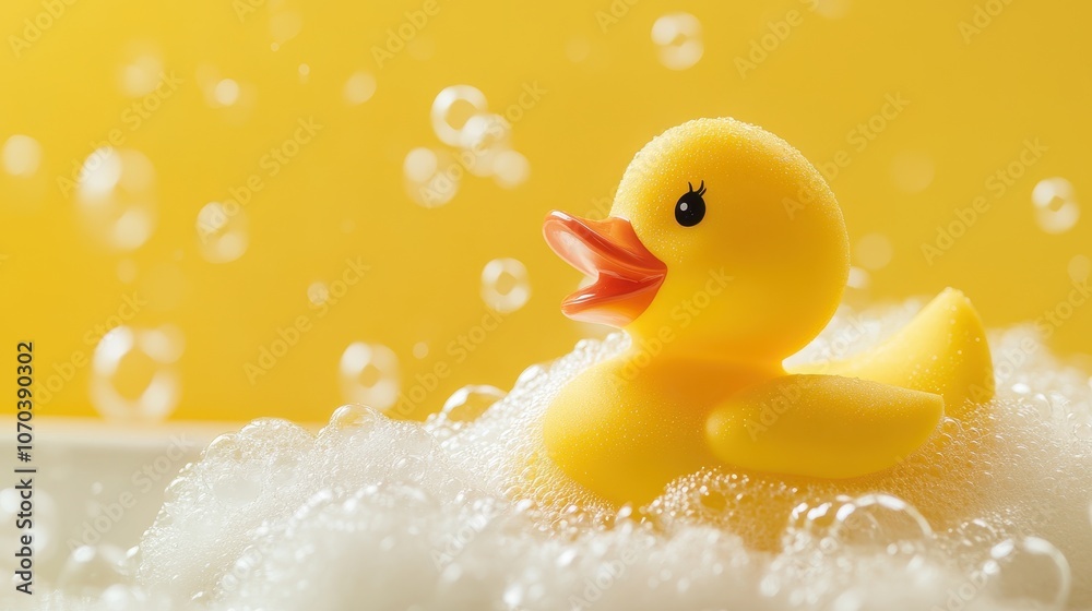 Cheerful Rubber Duck Floating in Bathtub with Bubbles Cheerful Rubber Duck Floating in Bathtub with Bubbles