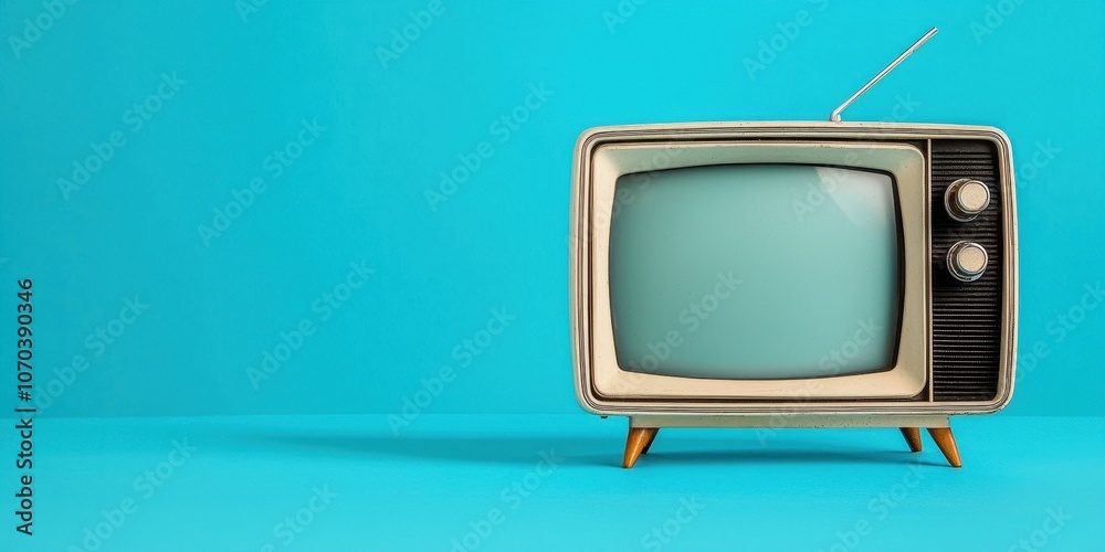 A retro television set against a bright turquoise background, evoking vintage design and nostalgia. A retro television set against a bright turquoise background, evoking vintage design and nostalgia.