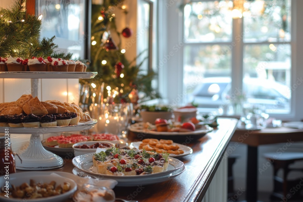 Festive Christmas brunch spread with holiday treats and decorations Festive Christmas brunch spread with holiday treats and decorations