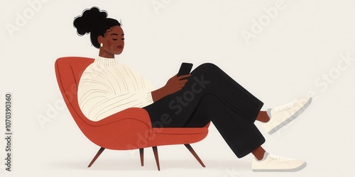 A relaxed individual sits comfortably in a stylish chair, engaging with their phone while dressed casually in a cozy sweater and relaxed pants.