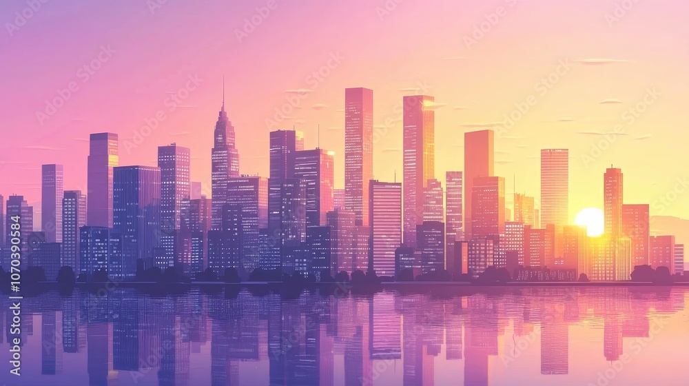 Fototapeta premium Majestic skyline of towering skyscrapers reflecting the sunset urban architecture and cityscape photography