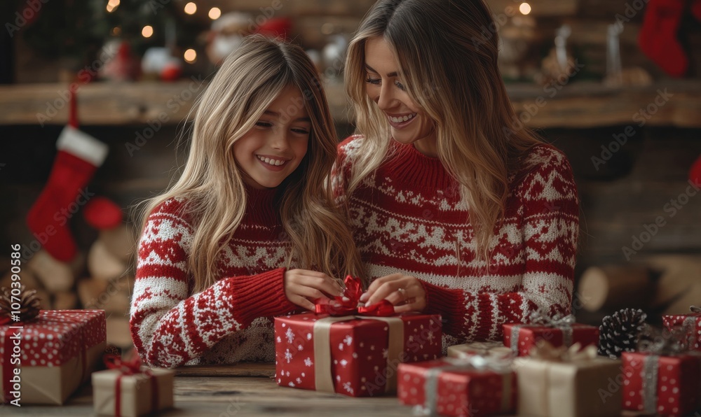 Mother and daughter sharing joyful moment while wrapping Christmas gifts by the cozy fireplace, embodying family warmth and festive celebration in matching red sweaters, surrounded by beautifully Mother and daughter sharing joyful moment while wrapping Christmas gifts by the cozy fireplace, embodying family warmth and festive celebration in matching red sweaters, surrounded by beautifully