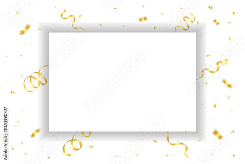 Golden Confetti And Streamer Ribbon With White Frame. Vector Illustration. Copy Space