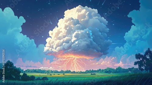 Majestic thundercloud illuminated by lightning towering cumulonimbus formation over lush fields during intense rainfall