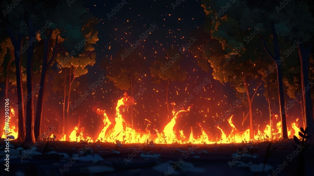 Intense flames illuminating a dark forest at night showcasing the destructive power of wildfires nature s fury Intense flames illuminating a dark forest at night showcasing the destructive power of wildfires nature s fury