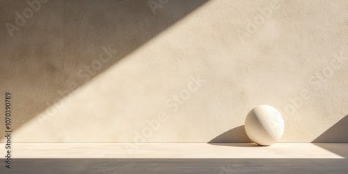A minimalist composition featuring a smooth white object resting on a wooden shelf, illuminated by soft light against a textured wall.