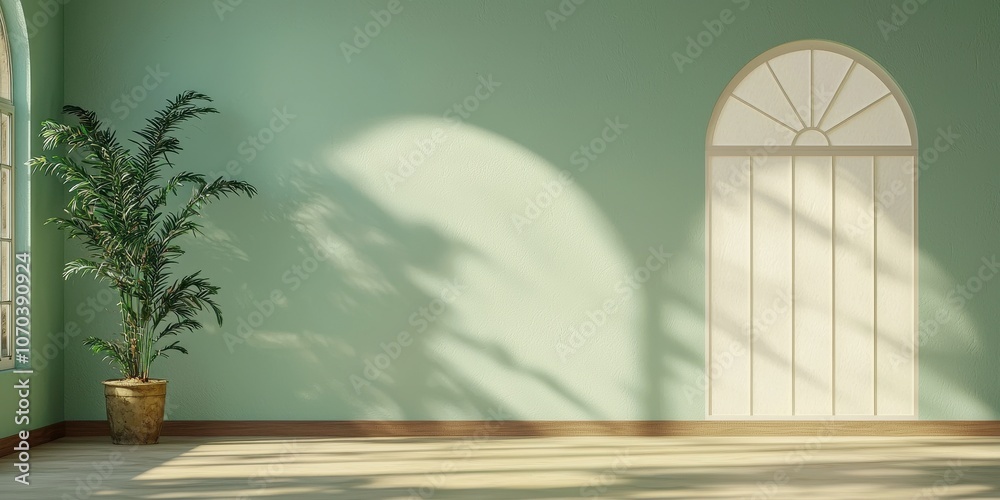 Fototapeta premium A serene, minimalist room featuring a green wall, wooden flooring, a decorative plant, and a stylish arched door with natural light casting soft shadows.