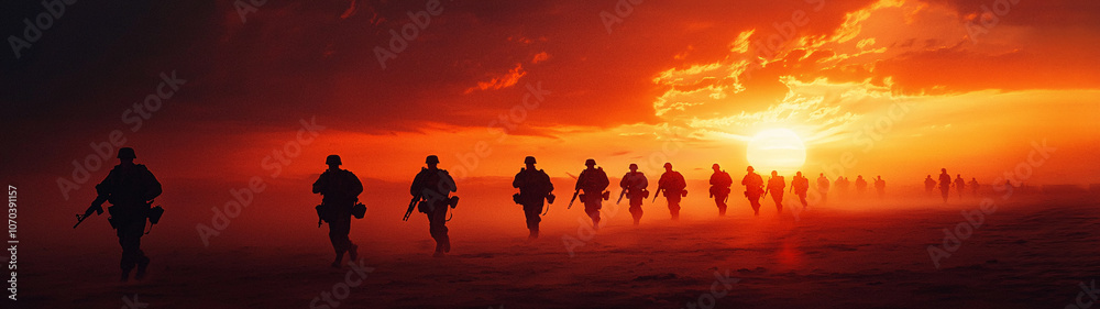 Fototapeta premium team of military soldiers moving in formation during sunset, creating dramatic silhouette against vibrant sky. scene evokes sense of unity and determination