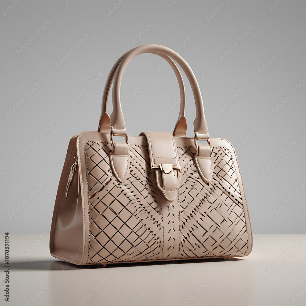 Beige Laser-Cut Leather Handbag with Buckle Detail Beige Laser-Cut Leather Handbag with Buckle Detail