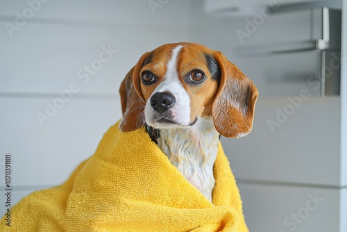 Beagle dog wrapped in a yellow towel, looking curious and cozy indoors. photo