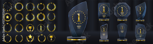 Glass Award. The winner's trophy. Number 1. Gold inscription. Success in the competition. Achievement of the leader. Vector victory banner