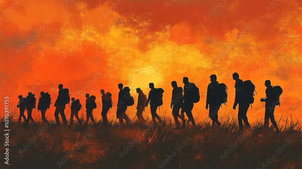 A group of people walking in silhouette against a fiery sunset. A group of people walking in silhouette against a fiery sunset.