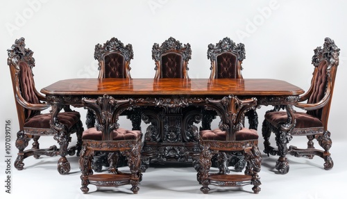Ornate Gothic Revival Dining Table and Chairs Set