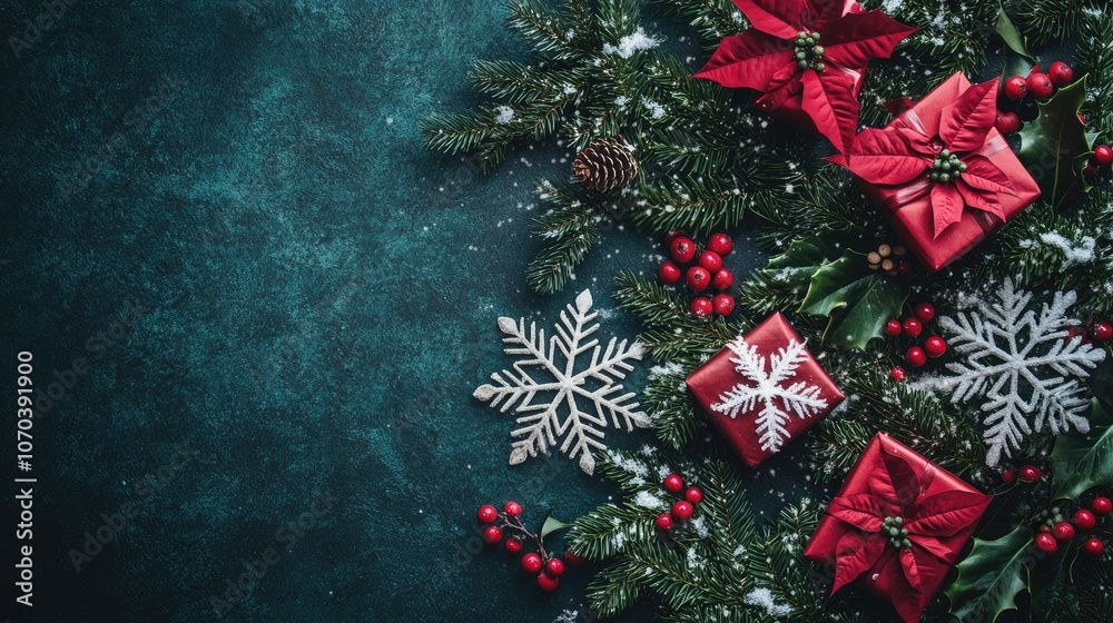 A Christmas tree with snowflakes, some gifts and mistletoe, The scene should be on the side and use the colors of Christmas, green and red 