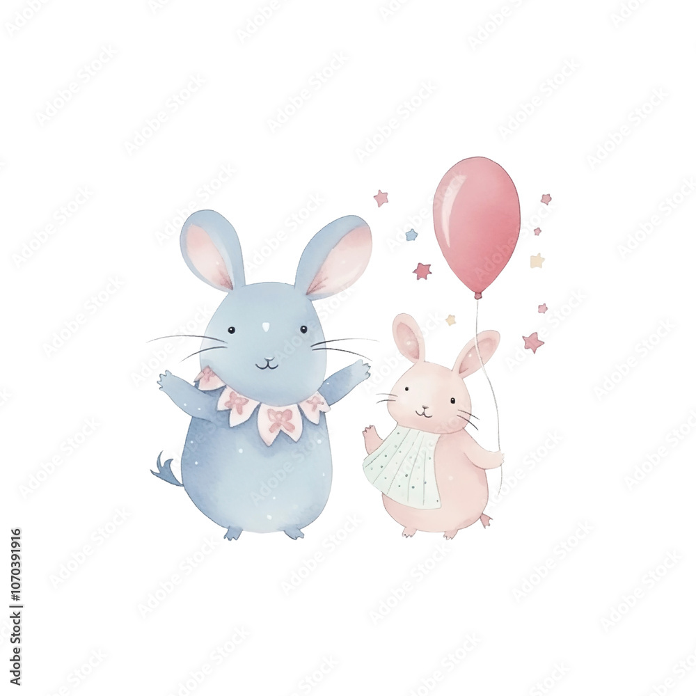 Cute Watercolor Illustration of a Mouse and a Bunny with a Balloon