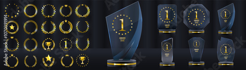 Glass Award. The winner's trophy. Number 1. Gold inscription. Success in the competition. Achievement of the leader. Vector victory banner