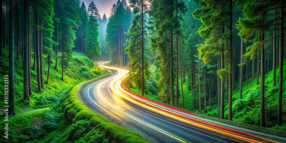 Fototapeta premium New Year 2025 Concept: Embracing Nature on a Serene Road in a Lush Green Forest for a Fresh Start on the Journey Towards Environmental Awareness and Sustainable Travel