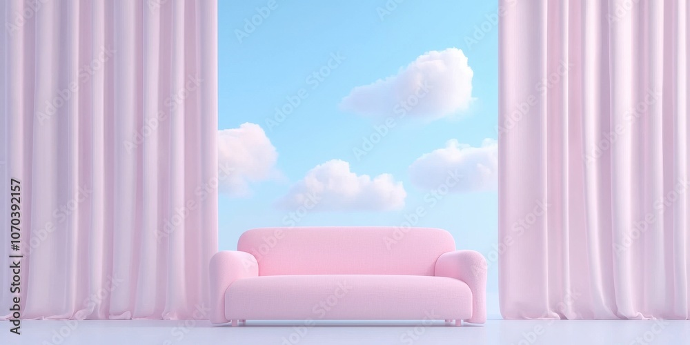 A pastel pink couch is centered against a backdrop of soft blue skies and fluffy clouds, framed by sheer pink curtains, creating a serene and dreamy ambiance. A pastel pink couch is centered against a backdrop of soft blue skies and fluffy clouds, framed by sheer pink curtains, creating a serene and dreamy ambiance.
