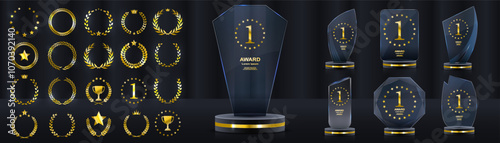Glass Award. The winner's trophy. Number 1. Gold inscription. Success in the competition. Achievement of the leader. Vector victory banner