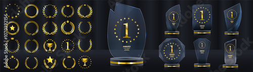 Glass Award. The winner's trophy. Number 1. Gold inscription. Success in the competition. Achievement of the leader. Vector victory banner