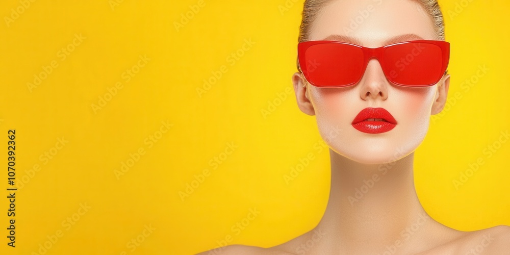 A striking portrait of a model wearing bold red sunglasses against a vibrant yellow background, showcasing a modern and stylish aesthetic. A striking portrait of a model wearing bold red sunglasses against a vibrant yellow background, showcasing a modern and stylish aesthetic.