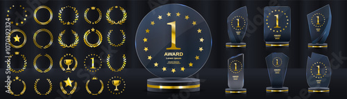 Glass Award. The winner's trophy. Number 1. Gold inscription. Success in the competition. Achievement of the leader. Vector victory banner
