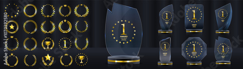Glass Award. The winner's trophy. Number 1. Gold inscription. Success in the competition. Achievement of the leader. Vector victory banner