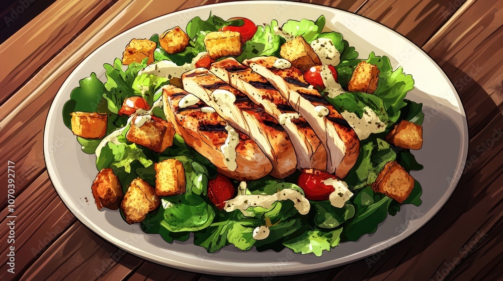 Savory Caesar salad topped with grilled chicken breast crunchy croutons and rich parmesan dressing served on a rustic wooden table Savory Caesar salad topped with grilled chicken breast crunchy croutons and rich parmesan dressing served on a rustic wooden table