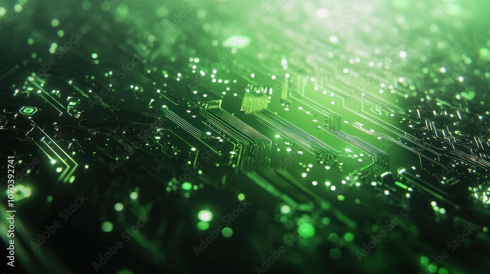 A close-up of a green circuit board with glowing lights. A close-up of a green circuit board with glowing lights.