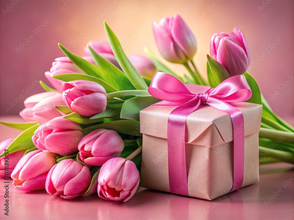 Fototapeta premium Panoramic View of Pink Tulips Surrounding a Beautifully Wrapped Gift Box with Ribbon on a Soft Pink Background, Perfect for Celebrations and Special Occasions