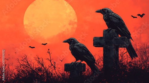 Crows perch on gravestones under a blood-red moon as bats fly in the twilight sky photo