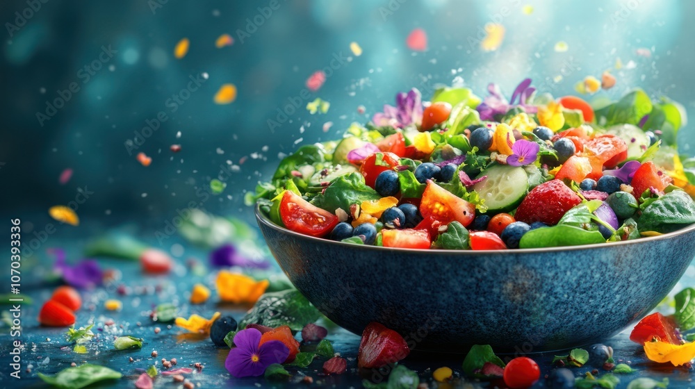 A vibrant salad bowl filled with fresh lettuce, tomatoes, cucumbers, blueberries, and edible flowers, with colorful petals and seeds scattered around it. A vibrant salad bowl filled with fresh lettuce, tomatoes, cucumbers, blueberries, and edible flowers, with colorful petals and seeds scattered around it.